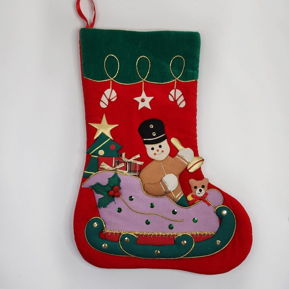 Vintage Sleigh Nutcracker Applique Christmas Stocking Sequined Velour Felt 3D